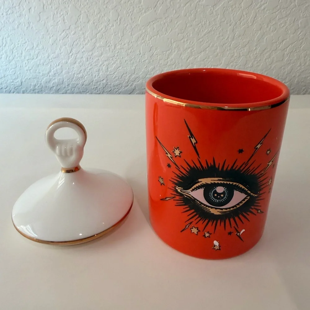 Whimsical Goth Evil Eye small Ceramic Jar Orange White Gold Eclectic Decor